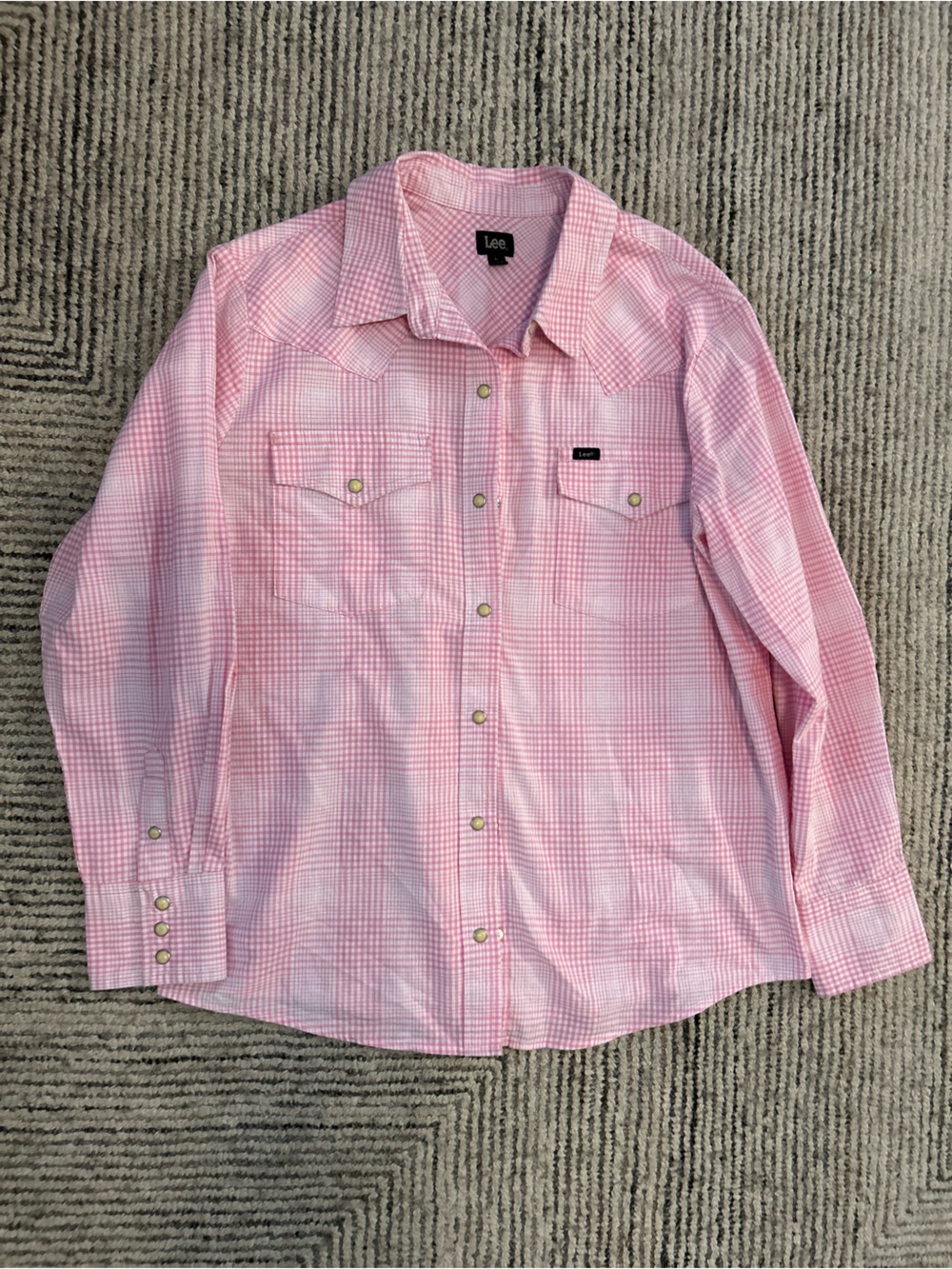 Lee Pink White Plaid Western Shirt Pearl Snap Longsleeve Mens Size Large Cotton